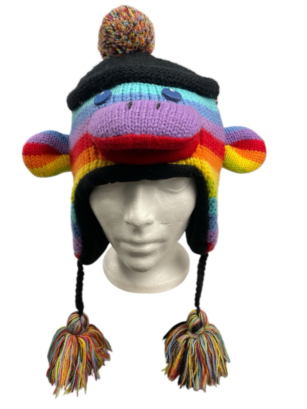Kyber Outerwear Rainbow Sock Monkey Knit Hat Pom-Pom & Ear Flaps
